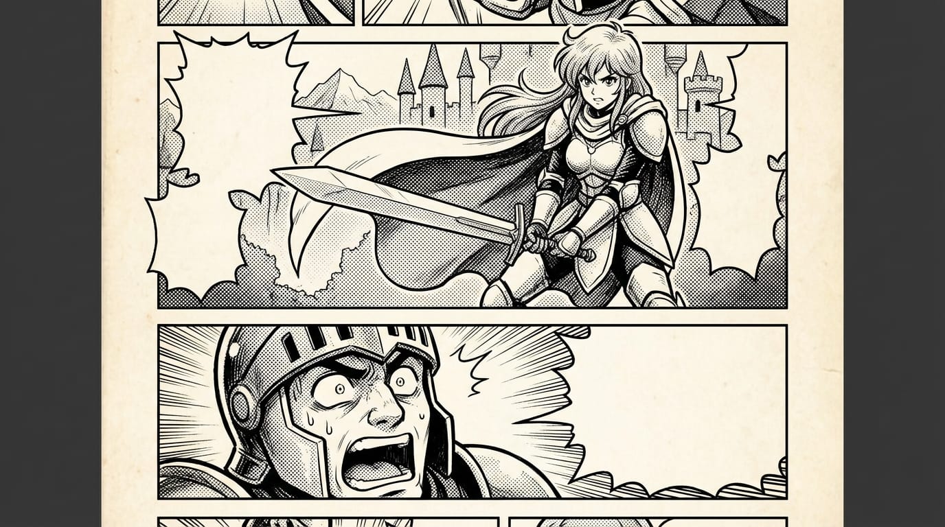 Monochrome Japanese manga style, 1-page layout, multiple panels. Top panel features a fantasy female knight holding a sword, bottom panel shows a close-up of a surprised enemy. Blank speech bubbles, screentone shading, action scene.