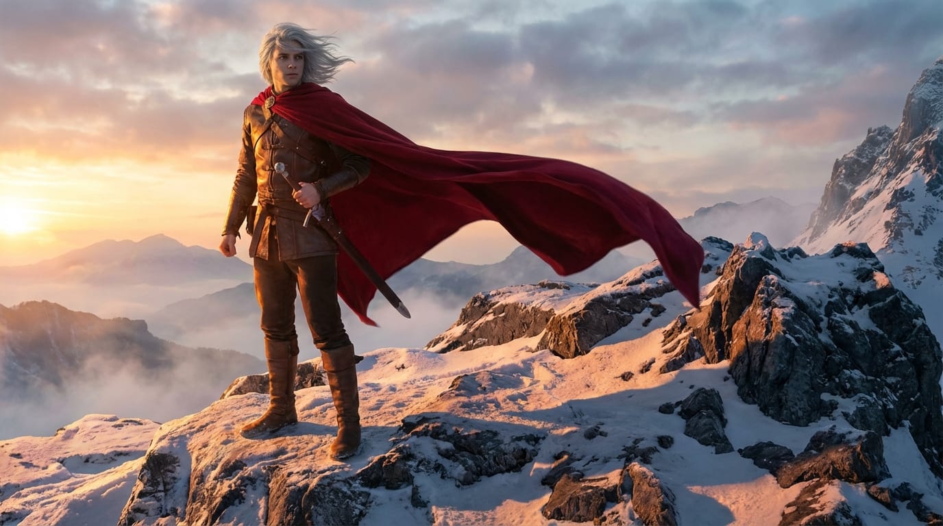 The same young warrior with silver hair and a red cloak, standing on a snowy mountain peak at sunrise, dramatic shadows, epic fantasy style, high resolution.
