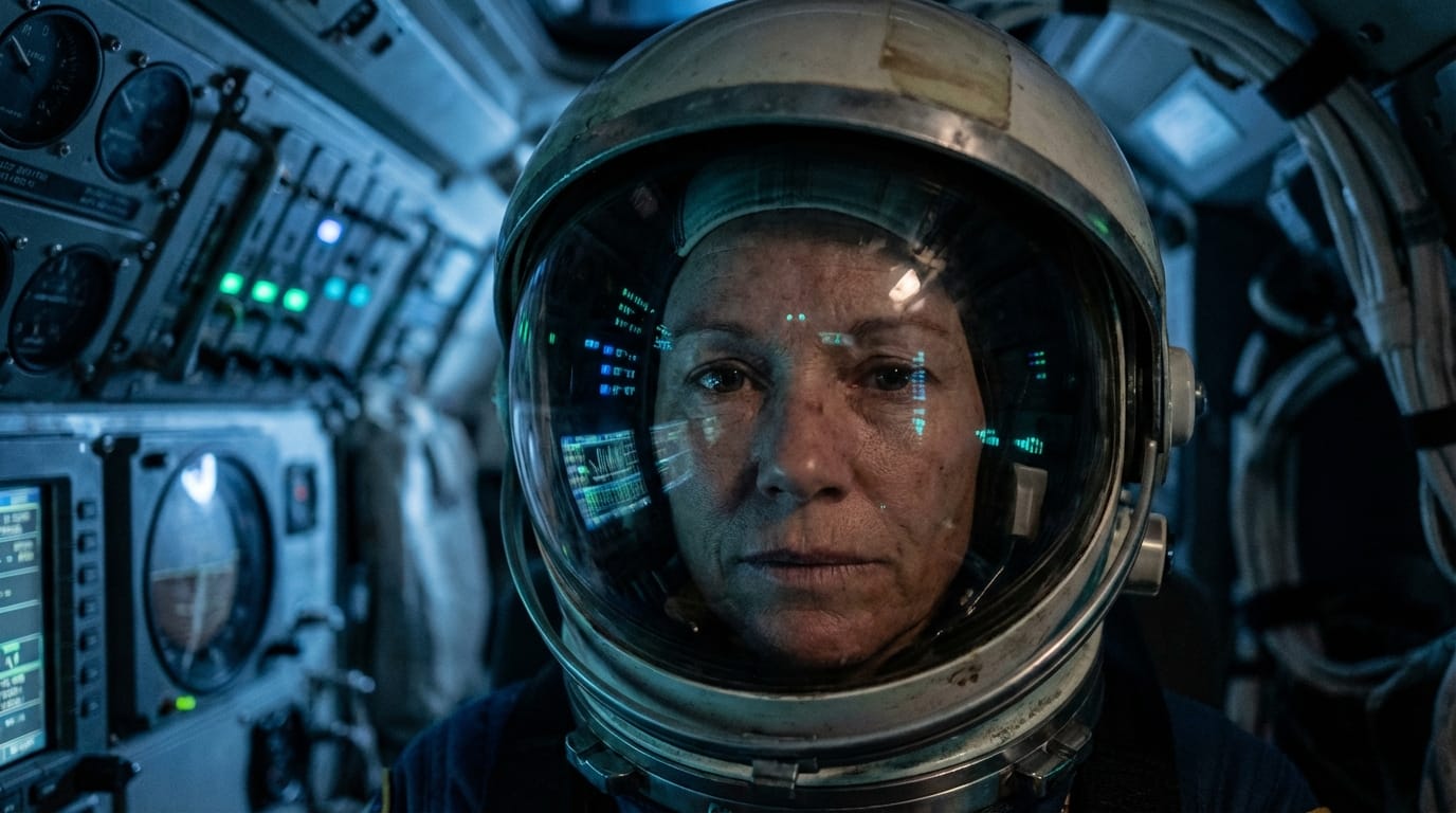 Close-up portrait of a female astronaut inside a dimly lit spaceship cabin, soft blue control panel lights reflecting on her helmet visor, highly detailed skin texture, cinematic lighting, photorealistic.