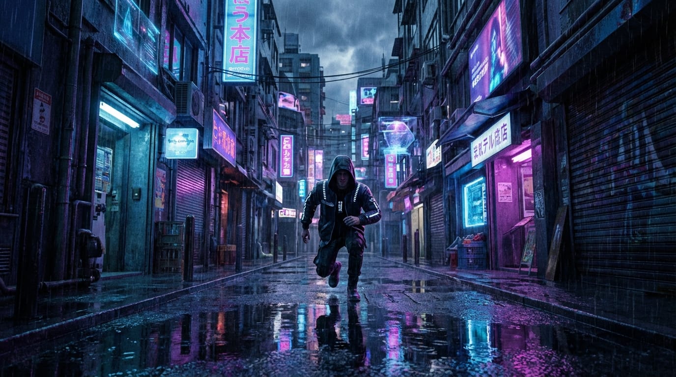 A cinematic wide shot of a cyberpunk street runner pausing in a neon-lit alleyway, rain reflecting on the wet pavement, moody blue and magenta lighting, shot on 35mm lens, high fidelity, 8k resolution, photorealistic.