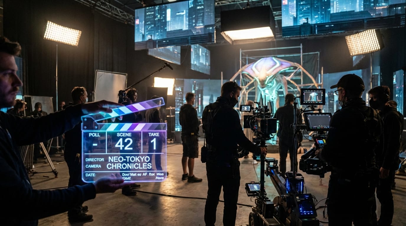A behind-the-scenes look at a futuristic film set, a glowing holographic clapperboard in the foreground, cinematic lighting, 8k resolution, photorealistic.
