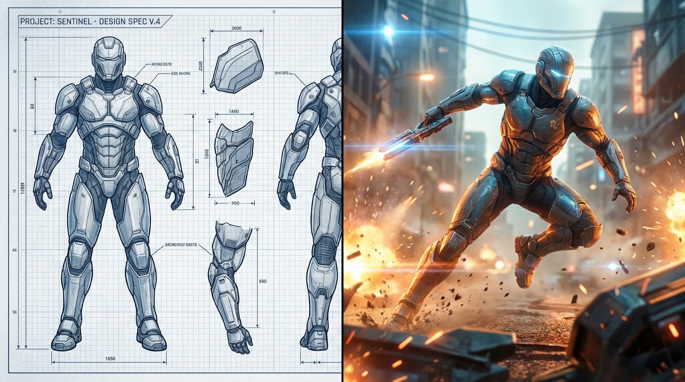A split screen showing a highly detailed character design blueprint on the left and a cinematic action shot of the same character on the right, digital art style, 8k resolution.