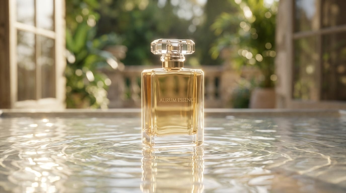 高級感のあるガラス製の香水ボトルが、浅い水面の上に置かれている。柔らかな自然光が水面に反射し、ボトルのエッジがクリアに輝いている。カメラはゆっくりとボトルに向かって前進し、背景は美しい被写界深度でボケている。シネマティックなライティング、商用広告スタイル、高解像度。