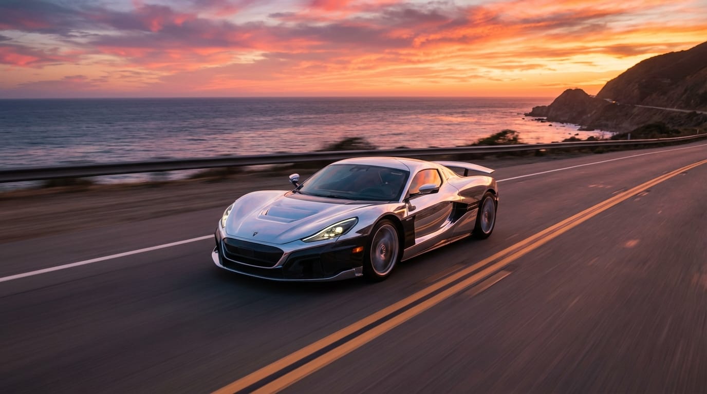 夕暮れの海岸線沿いの道路を疾走するスタイリッシュなスポーツカー。ドローンによる並走の空撮ショット。車体の金属面に夕日が美しく反射している。ダイナミックで洗練された映像、映画のようなカラーグレーディング、モーションブラー。