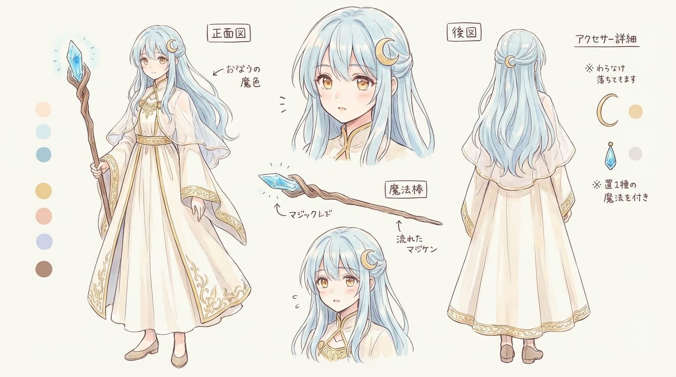 Delicate anime style seen in recent popular works, a fantasy world magical girl with blue hair and amber eyes, detailed character reference sheet, full body standing pose, white robe, magic wand, white background, accurate anatomy, high quality, 4K