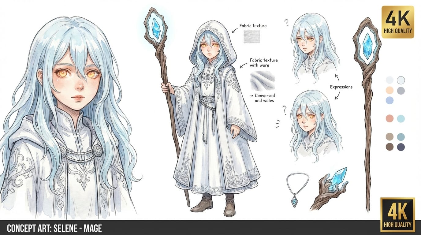 近年の人気作品に見られる繊細な画風、青い髪と琥珀色の瞳を持つファンタジー世界の魔法使いの少女、詳細なキャラクター設定画、全身立ち絵、白いローブ、魔法の杖、白い背景、正確な人体構造、高画質、4K