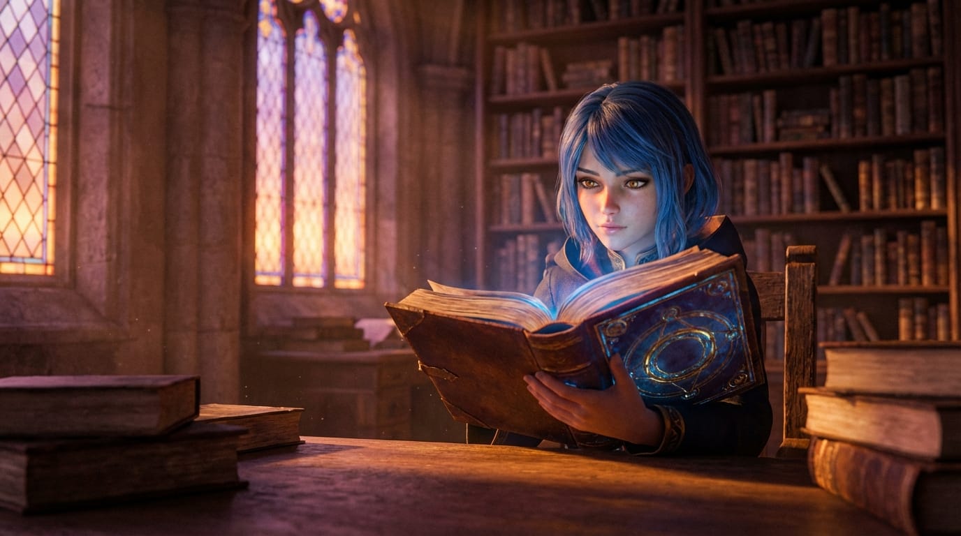 （先ほど生成した設定画を参考画像として入力）同じ青い髪と琥珀色の瞳の魔法使いの少女が、夕暮れの古い図書館で魔法の書物を読んでいるシーン、映画級の光と影の質感、被写界深度（ボケ量）のある背景、ディテールのシャープさと情報量