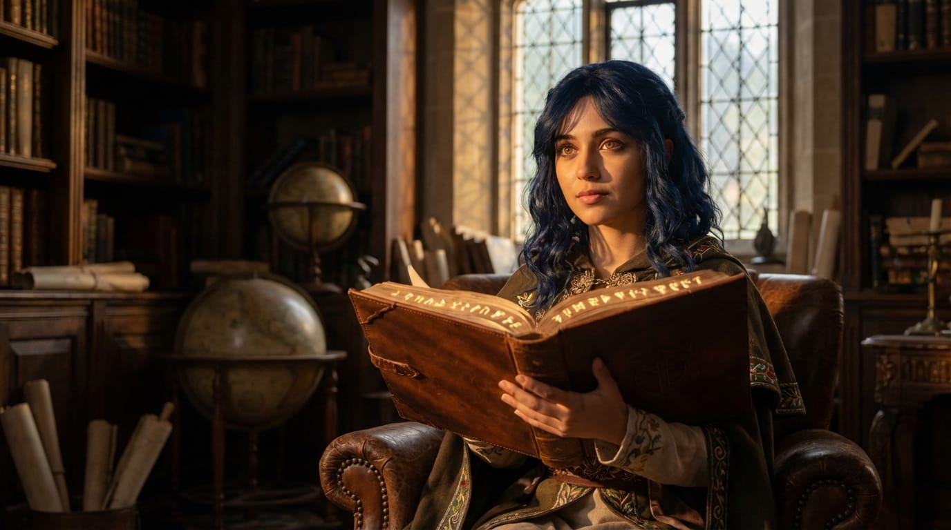 (Using previous reference image) The same magical girl with blue hair and amber eyes reading a magical book in an old library at dusk, cinematic lighting and shadow texture, background with depth of field, sharp details and high information density