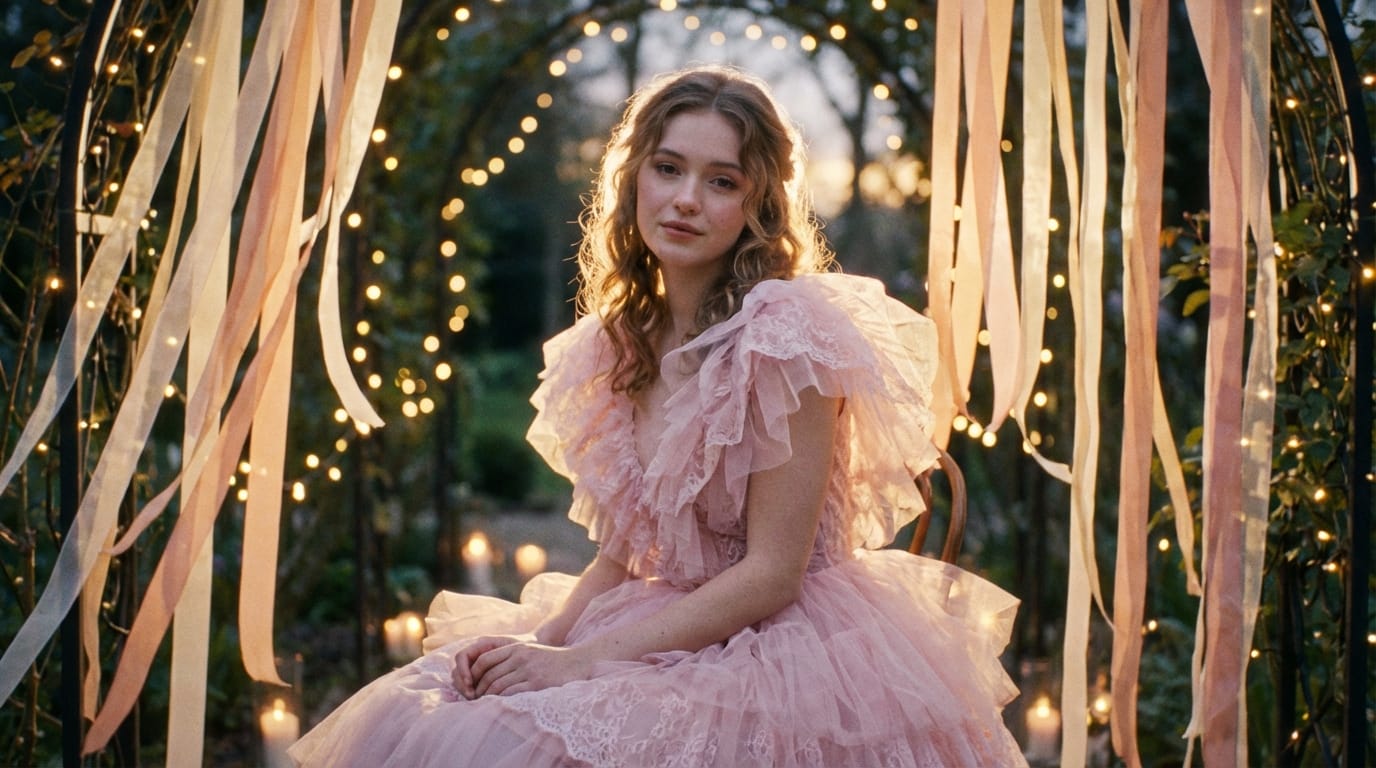 A highly detailed portrait of a cute young woman in a pastel pink frilly dress, surrounded by soft glowing lights and floating ribbons, romantic atmosphere, highly detailed, 4k resolution, cinematic lighting, editorial fashion photography style