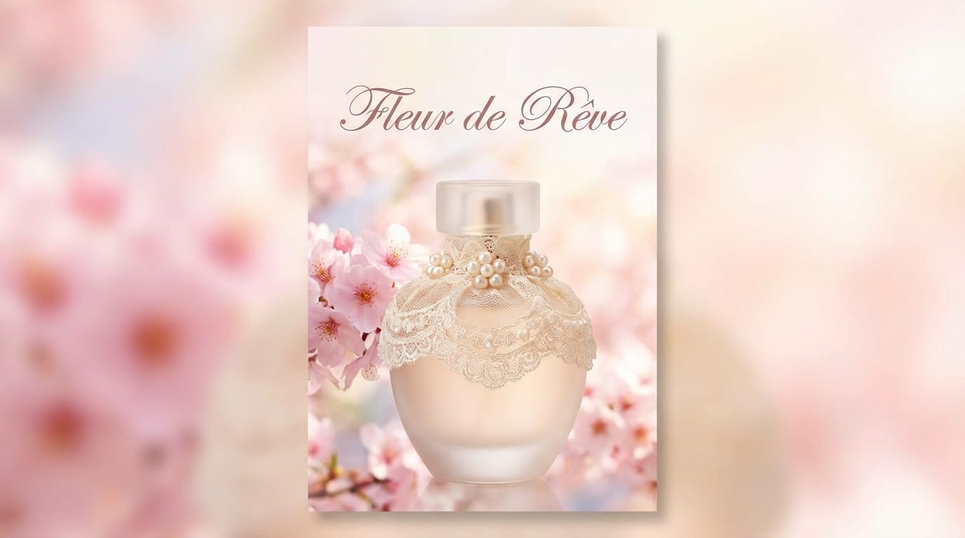 A beautiful commercial poster featuring a girly themed perfume bottle, decorated with lace and pearls, soft pastel color palette, cherry blossoms in the background, elegant typography space, photorealistic, 4k