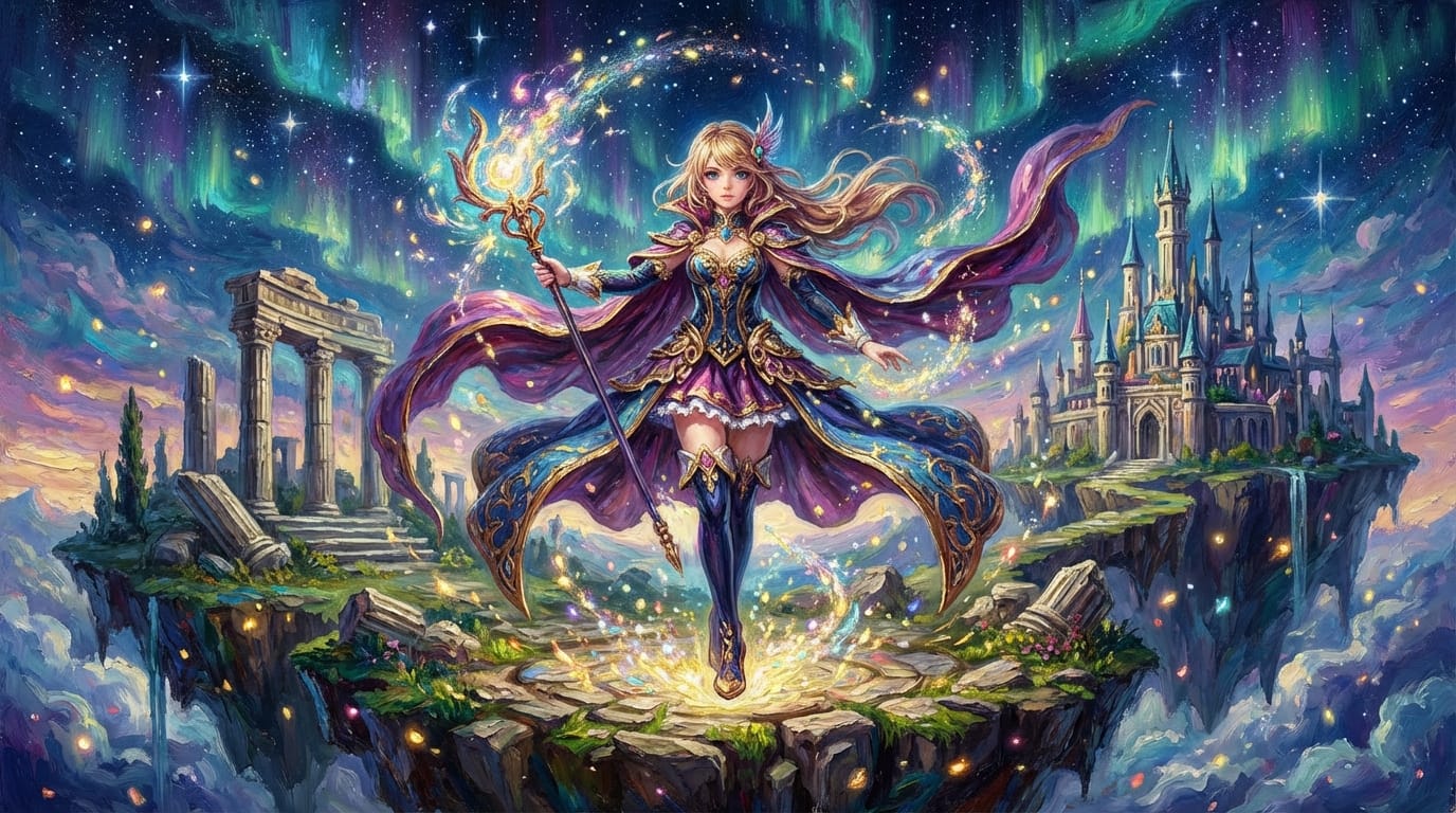 [画像URL] 魔法少女の衣装を着たキャラクター、ファンタジーの背景、キラキラしたエフェクト、重厚な塗り --iw 1.5 --niji 6