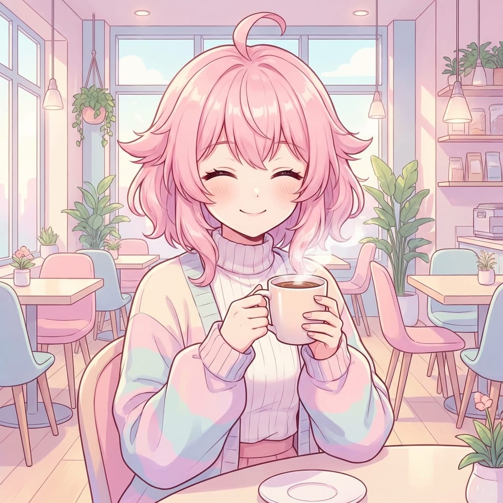 パステルカラーのカフェでコーヒーを飲むVTuber風のキャラクター、ピンクの髪、笑顔、高品質なイラスト、SNSアイコン用 --ar 1:1 --niji 6