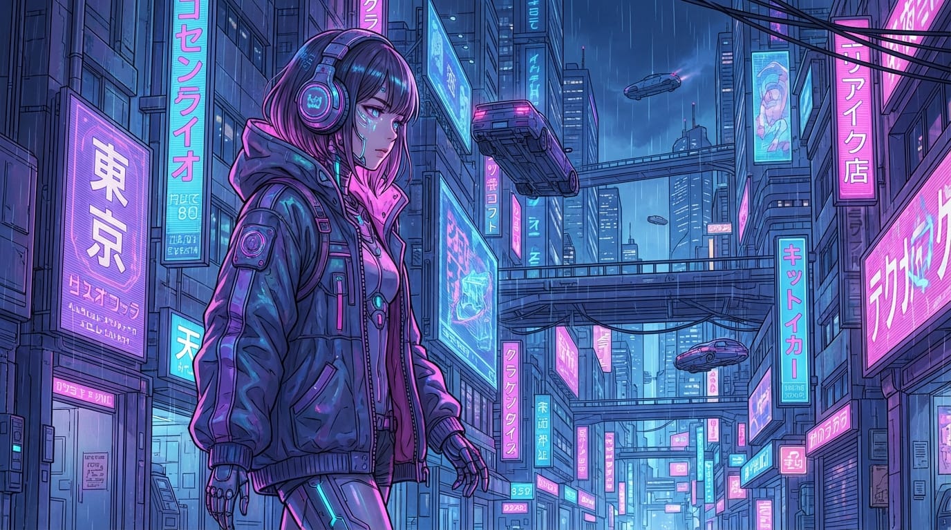 サイバーパンク風の東京の街並み、ネオンサイン、ヘッドホンをしたアニメ調の美少女、高品質、繊細で緻密なアニメ調表現 --ar 16:9 --niji 6