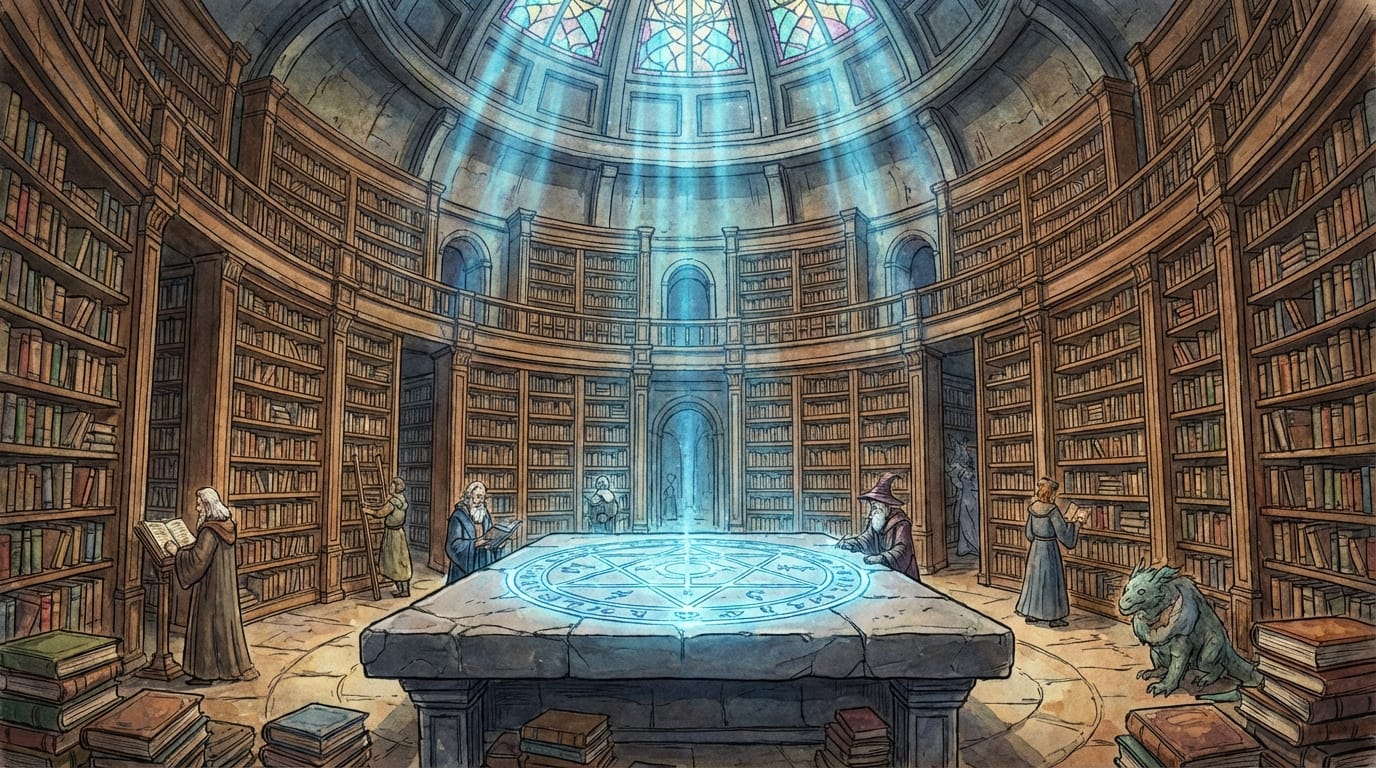 ファンタジー世界にある巨大な地下図書館。天井まで届く木製の本棚が円形に並んでおり、中央には光る魔法陣が描かれた石の机がある。ステンドグラスから差し込む神秘的な青い光。手描き感のあるリッチな画風。