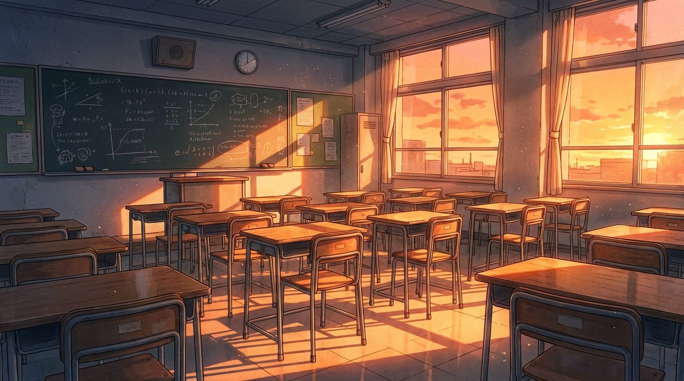 繊細で緻密なアニメ調表現。放課後の教室、夕暮れ時。窓から強いオレンジ色の西日が差し込み、机と椅子に長い影を落としている。黒板にはチョークの跡が残っている。ノスタルジックな雰囲気、正確なパース。