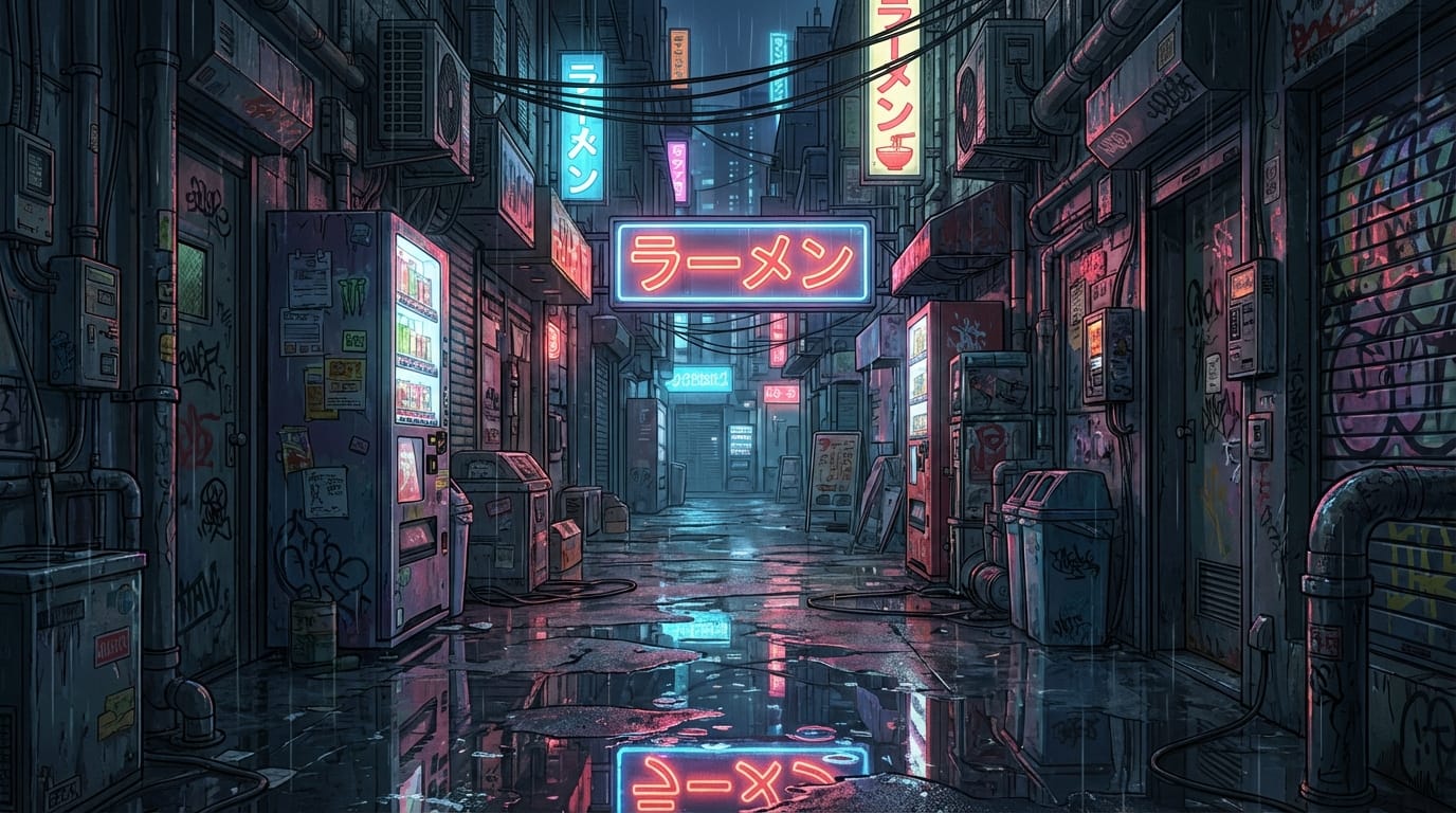 近年の人気作品に見られる繊細な画風。サイバーパンク風の路地裏、雨上がりの夜。ネオンサインが水たまりに反射している。画面中央には「ラーメン」と書かれた光る看板。背景の小道具として、自動販売機や配管が緻密に描かれている。被写界深度（ボケ量）は深め、4K解像度。