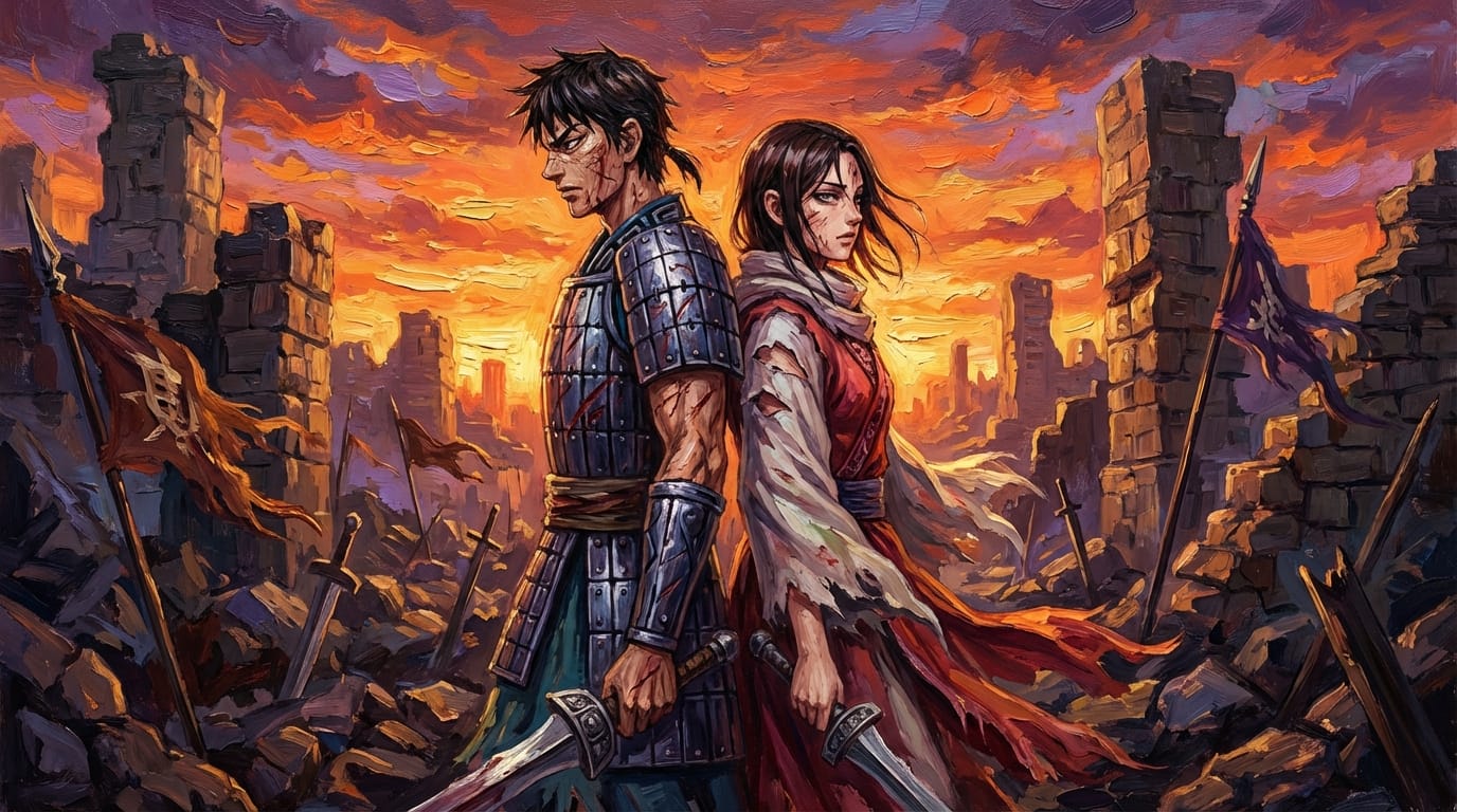 2 anime characters, a man and a woman standing back to back, fantasy combat uniforms, damaged clothing, ruins after a fierce battle, sunset light, eyes of mutual trust, dynamic composition, sharp edges, heavy impasto painting, masterpiece