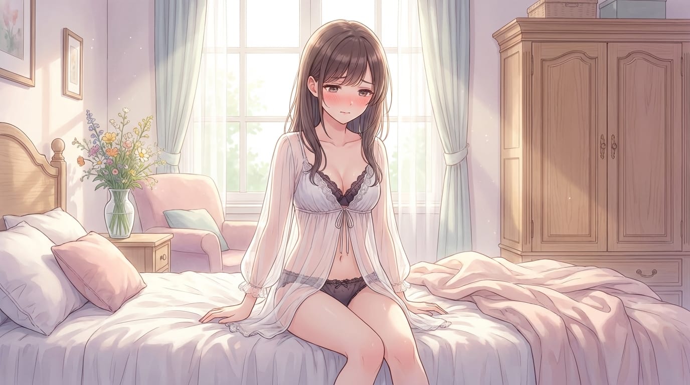 1 beautiful anime female character, exquisite lace lingerie, see-through negligee, soft morning light in bedroom, shy expression, high resolution, vivid colors, delicate and detailed anime style expression, depth of field adjustment