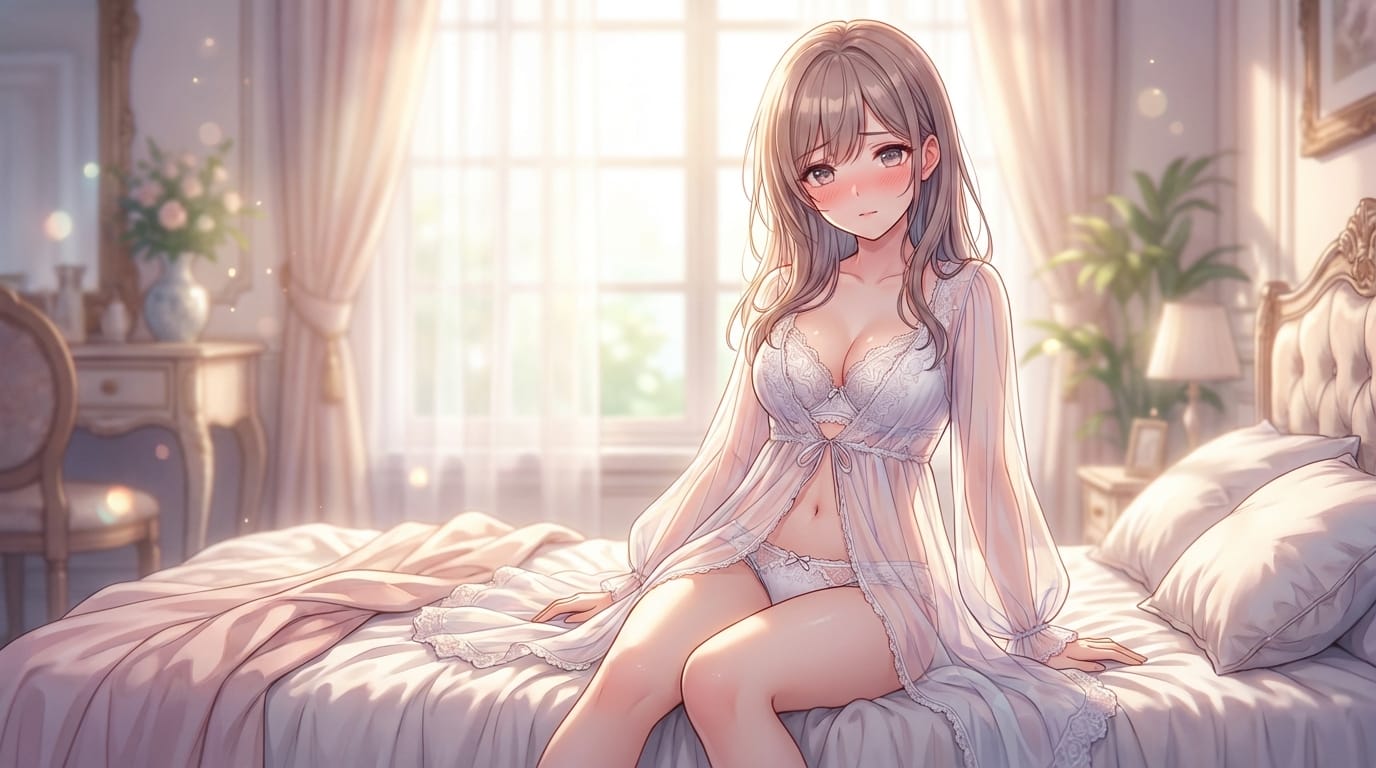 1人の美しいアニメの女性キャラクター、精巧なレースのランジェリー、シースルーのネグリジェ、ベッドルームの柔らかい朝の光、恥じらいのある表情、高解像度、鮮やかな色彩、繊細で緻密なアニメ調表現、被写界深度（ボケ量）の調整