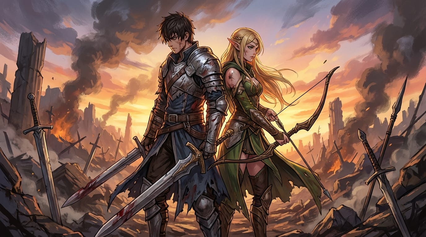2人のアニメキャラクター、背中合わせで立つ男女、ファンタジーの戦闘服、ダメージを受けた衣服、激しい戦闘の後の廃墟、夕焼けの光、互いを信頼する視線、ダイナミックな構図、シャープなエッジ、重厚な塗り、傑作