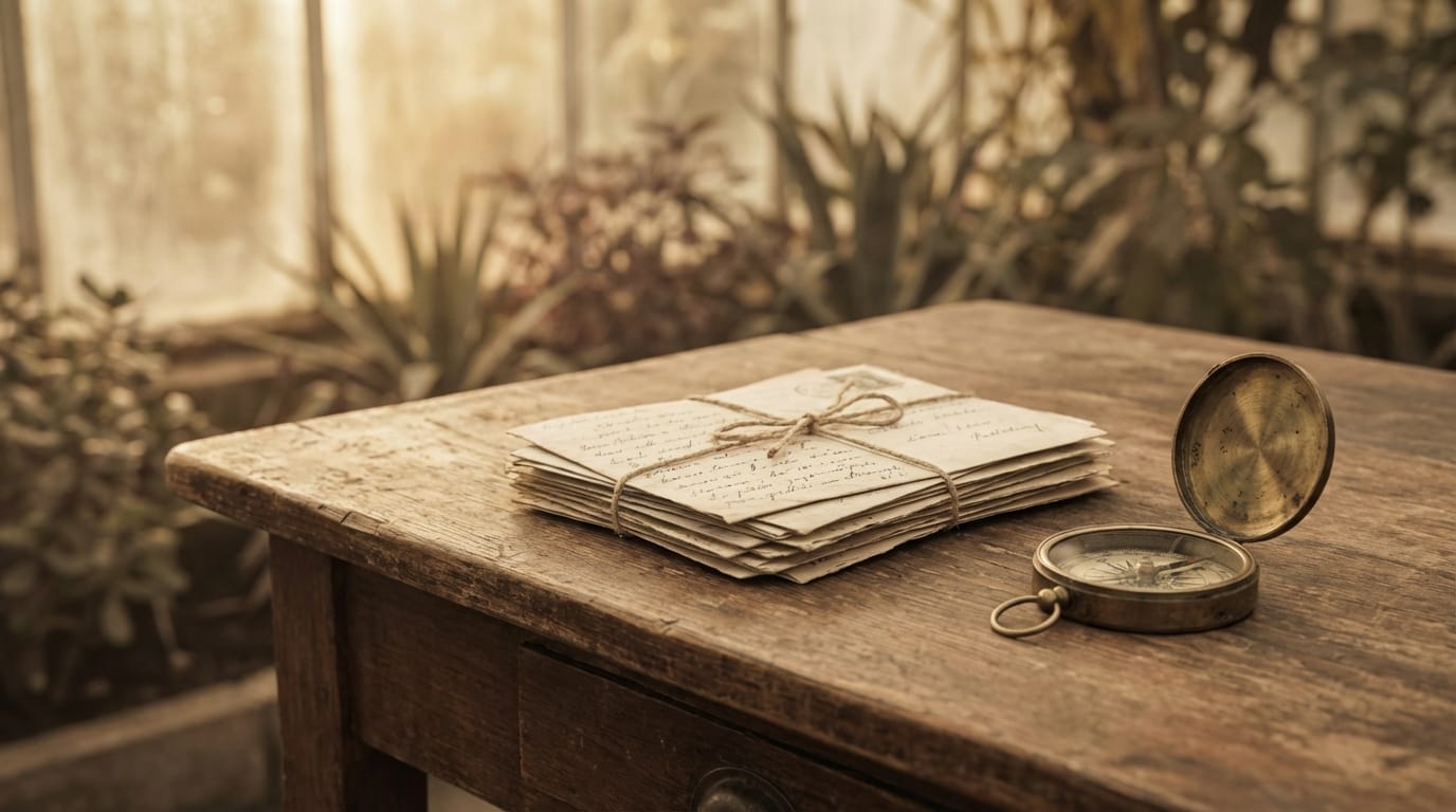 同じ植物園の内部のクローズアップ、古い手紙とアンティークのコンパスが置かれた木製の机、背景にぼんやりと光る植物、被写界深度の浅い構図、ノスタルジックな色合い