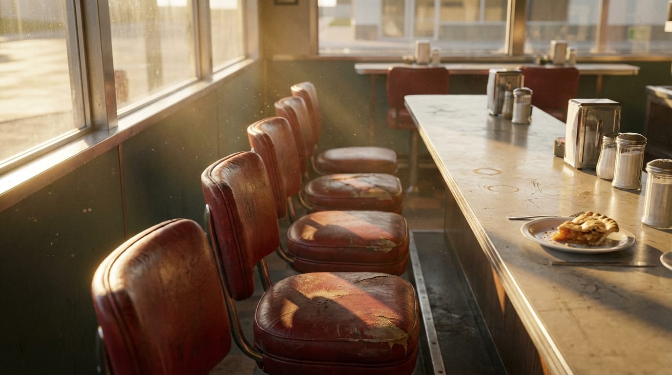ダイナーのカウンター席のクローズアップ、使い込まれた赤いレザーの座席、窓から差し込む斜めの夕日、空気中の細かな埃の反射、実写的なリアルさ、映画のワンカット
