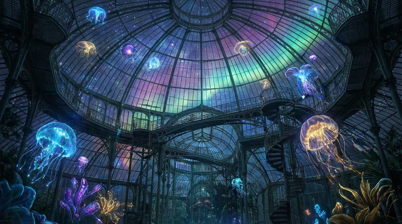 巨大なガラスドームの中にある幻想的な植物園、空中に浮かぶ発光する花々、ビクトリア朝の温室建築、星空からの神秘的な光、超現実的なアートスタイル、高精細なディテール