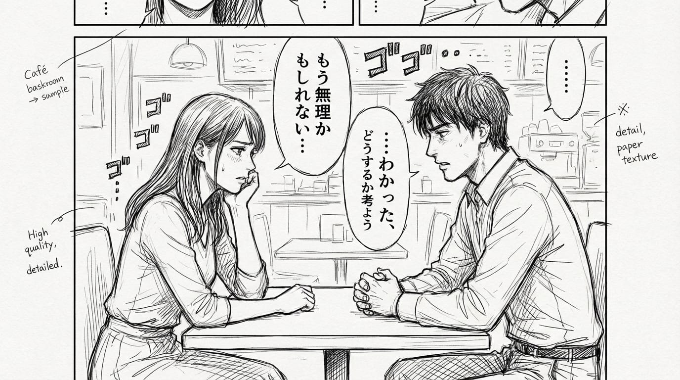 2人のキャラクターがカフェで向かい合って座り深刻な会話をしている、バストアップの構図、日常シーン、シンプルな線画、漫画のネーム風、ラフスケッチ、モノクロ