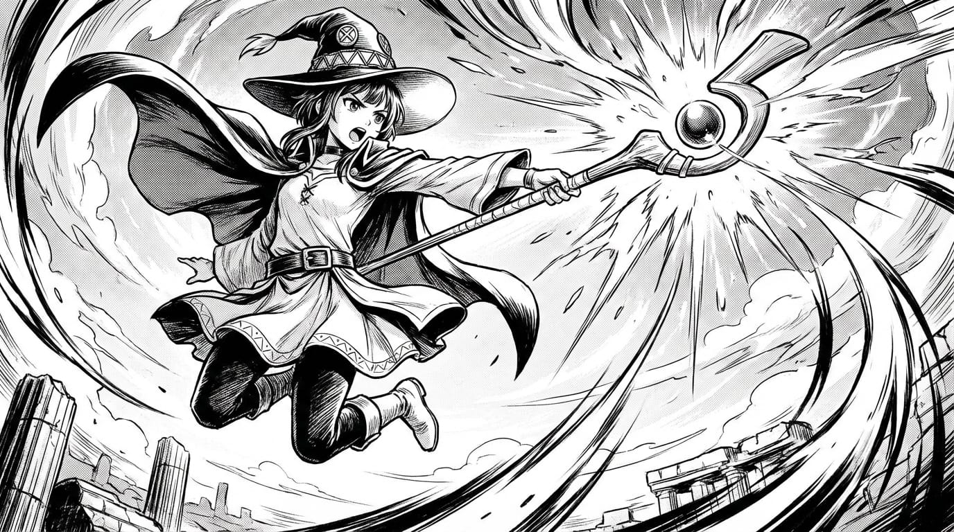 空中にジャンプして魔法の杖を構える魔法使いの少女、ダイナミックなアングル、翻るマント、魔法の光のエフェクト、ファンタジー、アニメ調の線画、白黒の漫画スタイル