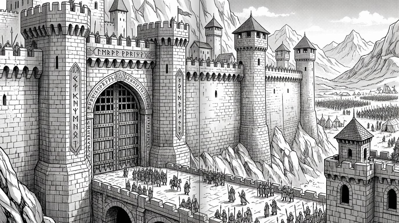 ファンタジー世界の巨大な城の門、石造りの壁、見張りの塔、モノクロ漫画スタイル、スクリーントーン、精密な線画、背景美術、壮大なスケール感
