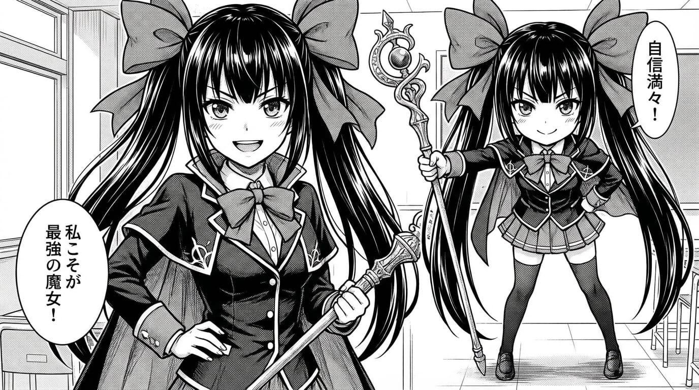 魔法学園の制服を着た少女、長い黒髪をツインテールにしている、大きなリボン、魔法の杖を手に持っている、自信に満ちた表情、全身立ち絵、シンプルな背景、アニメ調の線画、モノクロ漫画スタイル