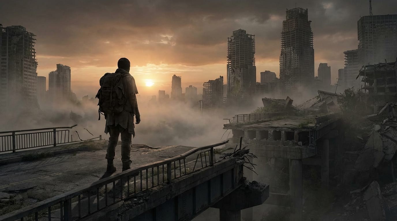 a lone survivor standing on a broken bridge looking at a ruined post-apocalyptic cityscape, holding a backpack, dramatic lighting, foggy atmosphere, concept art, cinematic composition