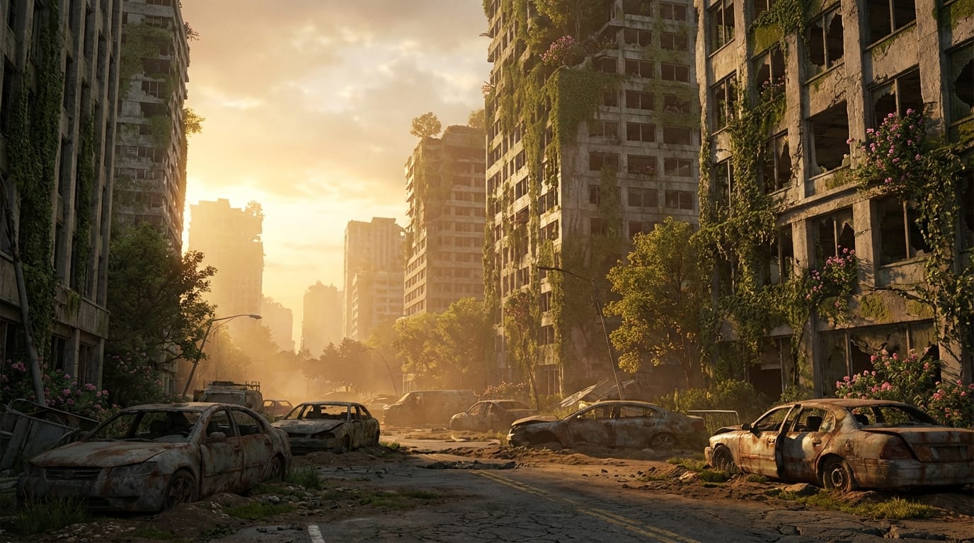 cinematic post-apocalyptic city, overgrown with lush green plants, ruined skyscrapers, rusty cars on the street, golden hour lighting, dust in the air, highly detailed, realistic style