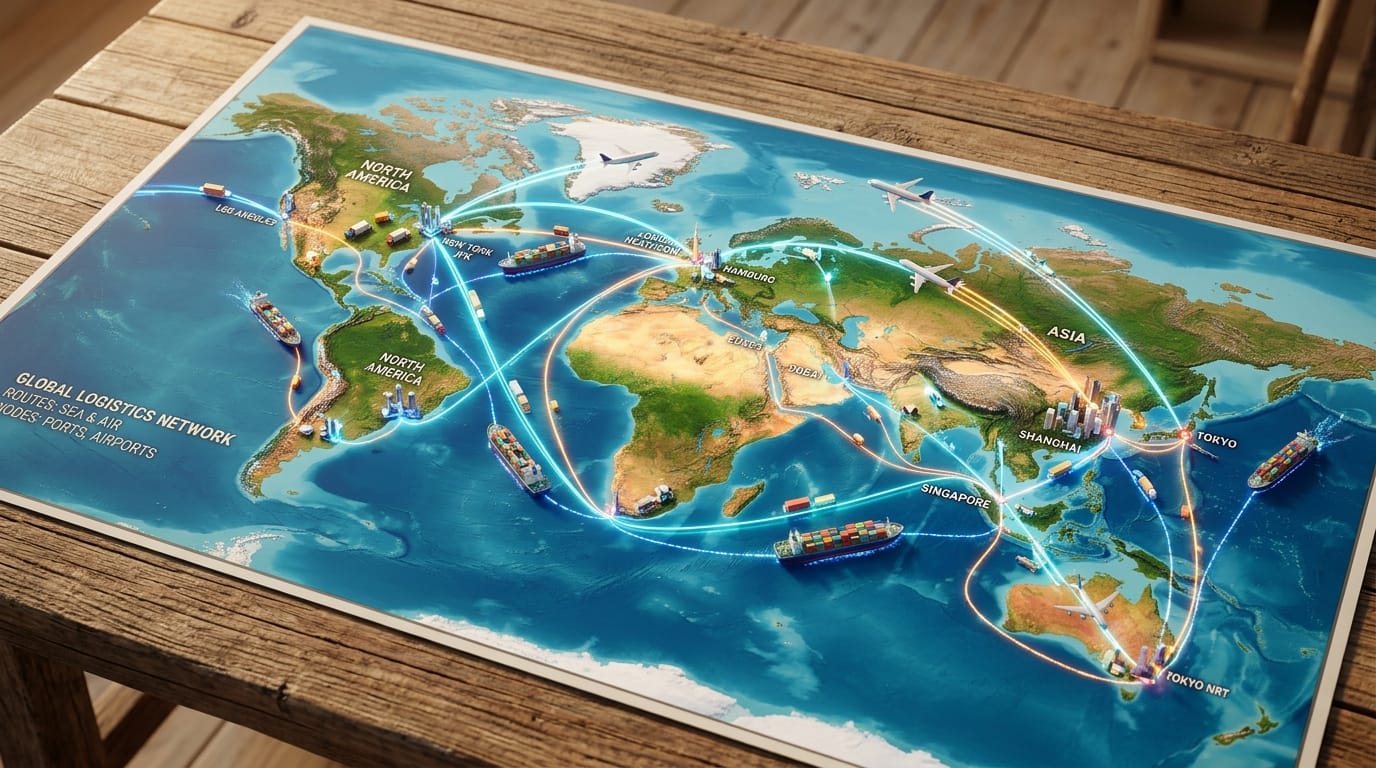 世界地図の上をコンテナ船や飛行機が行き交う物流ネットワークの3Dインフォグラフィック動画。各ノードが光の線で結ばれ、荷物が目的地に運ばれるプロセスをミニチュア風の視点で表現。穏やかな環境音と動作音。