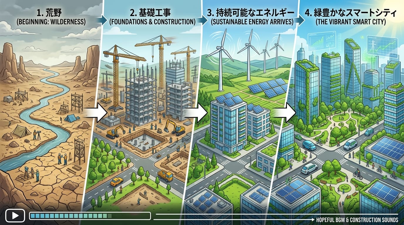 荒野から緑豊かなスマートシティへと進化する過程を示すタイムラプス風のインフォグラフィック動画。建物が地面から構築され、風力発電機が回り始める様子。希望に満ちたBGMと建設の環境音。