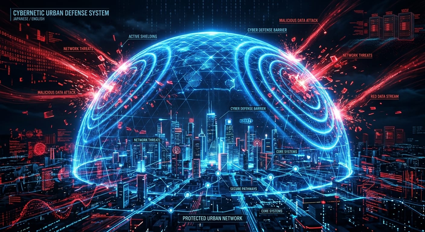 巨大な光のドームが都市のネットワークを外部の赤いデータ攻撃から守るサイバーセキュリティのインフォグラフィック動画。青い防護壁が波紋のように広がり、攻撃を弾き返す様子。緊迫感のある電子的な効果音とダイナミックな視点移動。