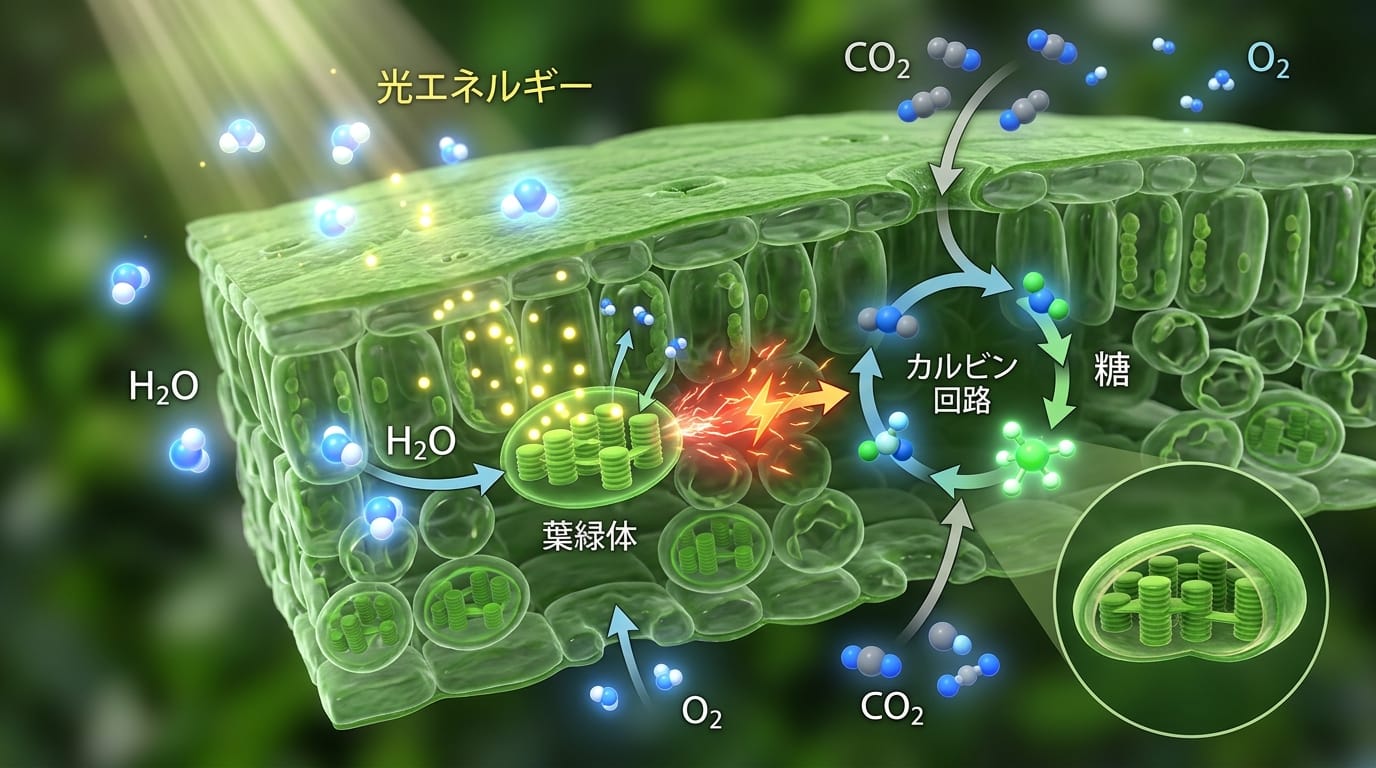 植物の光合成プロセスを示すマクロ視点のインフォグラフィック動画。葉の表面から水分子と光の粒子が吸収され、内部でエネルギーに変換される様子を透明感のある3Dアニメーションで描写。微細な環境音。