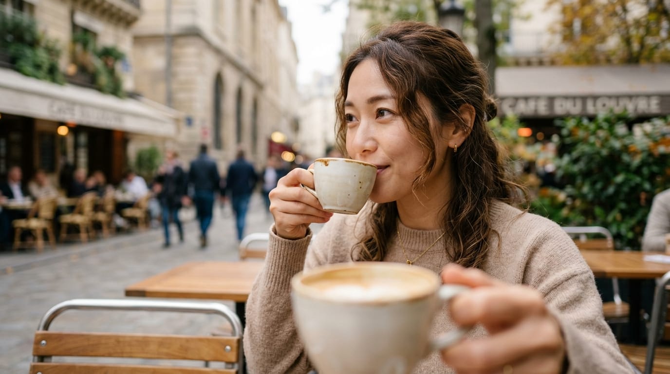 カフェのテラス席でコーヒーを飲む女性のクローズアップ、手前のカップを使った前ボケ、背景の街並みは深くボケている、自然光の柔らかいライティング、日常の穏やかな瞬間を捉えたイメージアート