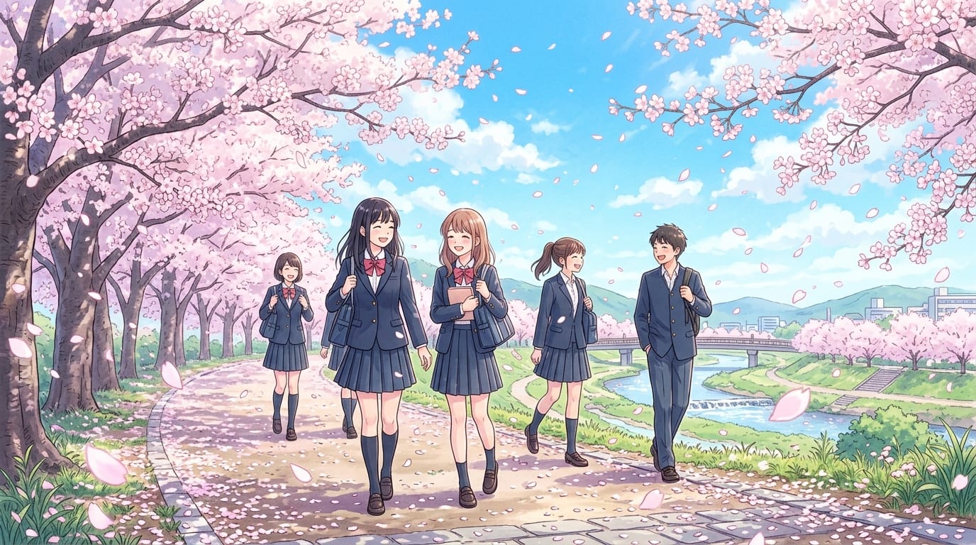 春の桜並木を歩く制服姿の学生、花びらが風に舞う瞬間、透明感のある爽やかな青空、パステルカラーの優しい色合い、繊細なアニメ調表現、青春の1ページを切り取ったようなコンセプトアート