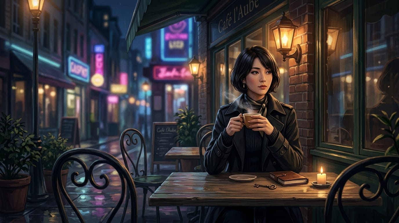 カフェのテラス席でコーヒーを飲む女性、夜のシーン、街灯の温かいオレンジ色の光、背景のネオンサインの柔らかなボケ、少しミステリアスで落ち着いた大人の雰囲気のコンセプトアート