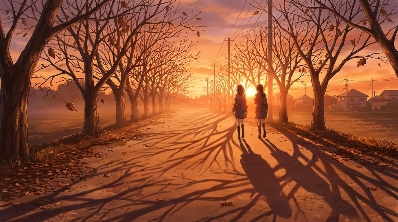 同じ桜並木の風景、夕暮れ時のオレンジ色の斜光、長く伸びる影、少しノスタルジックで切ない雰囲気、秋の夕暮れを感じさせる暖色系のライティング、繊細なアニメ調表現
