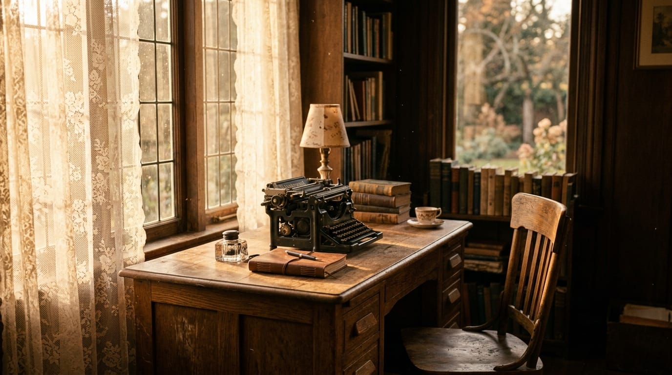 Cinematic shot, nostalgic atmosphere, a vintage film look with subtle film grain. Slow dolly in towards an old wooden desk by the window. Golden hour sunlight filtering through lace curtains, illuminating dust particles in the air. Soft, warm amber color grading, melancholic and peaceful mood, highly detailed.
