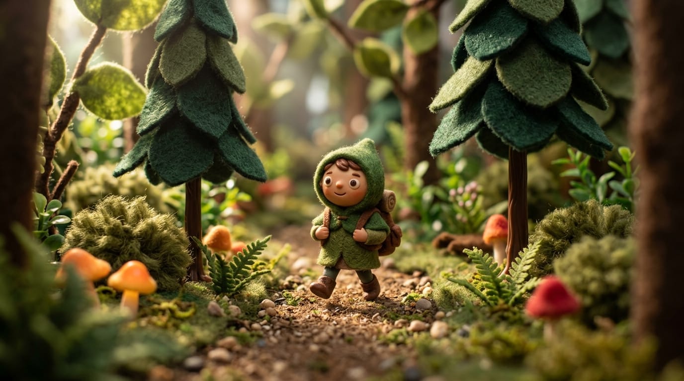 A macro shot video of a cute miniature clay character walking in a small forest made of felt and plastic, cinematic lighting, realistic textures, shallow depth of field, 3D modeling style, octane render.