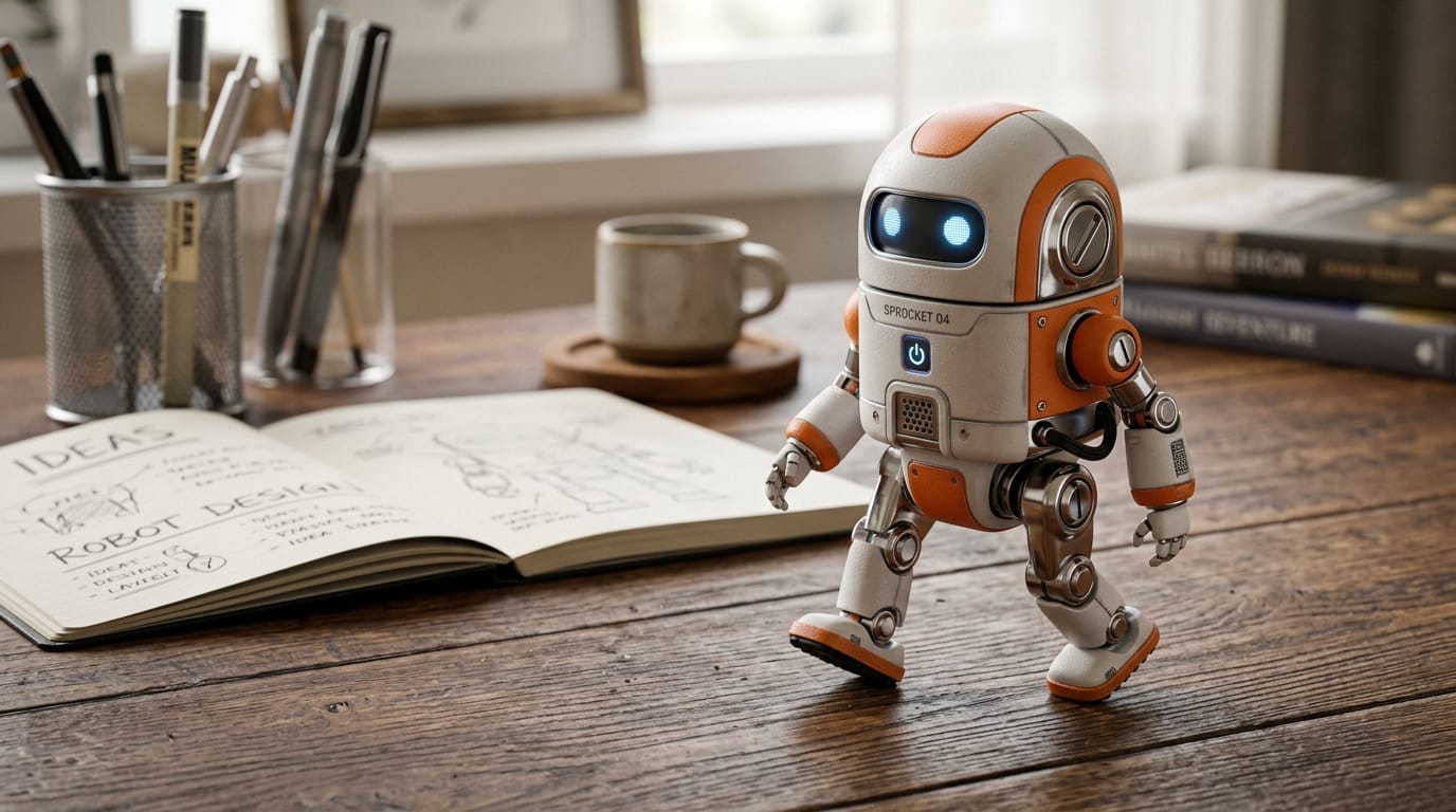 3D render, macro photography of a cute robot made of matte plastic and shiny metal, walking on a desk. Soft studio lighting, cinematic, shallow depth of field. Slow pan camera movement around the character. High resolution, detailed textures.