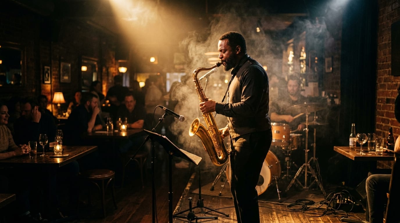 薄暗いジャズバーで、サックス奏者がスポットライトを浴びながら演奏している。カメラはゆっくりと右から左へパンし、煙草の煙が光の筋を横切るシネマティックな空間演出。