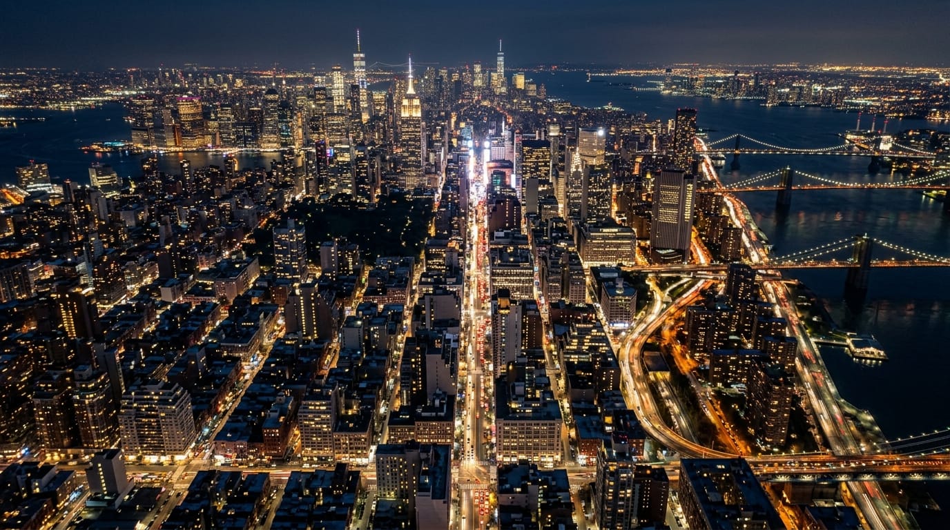 夜のニューヨークの街並みを上空からゆっくりと見下ろす空撮ショット。高層ビルの窓の明かりと、道路を行き交う車のヘッドライトが流れるように動く実写的なリアルさと深い被写界深度。