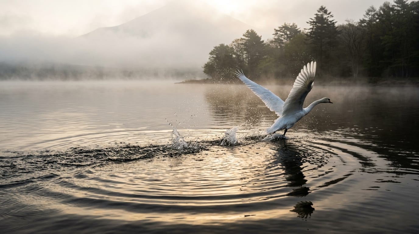 静かな湖畔の朝霧の中から、一羽の白鳥が羽ばたいて飛び立つスローモーション映像。水面には波紋が広がり、朝日の反射がロケーション特有のディテールを美しく照らし出す。