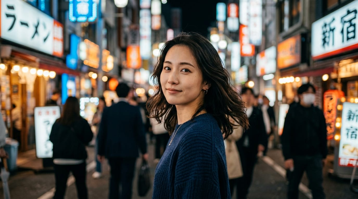 キャラクターがカメラに向かってゆっくりと振り向き、微かに微笑む。被写界深度を浅く設定し、背景の喧騒をぼかすことでキャラクターの表情のダイナミズムを際立たせる。