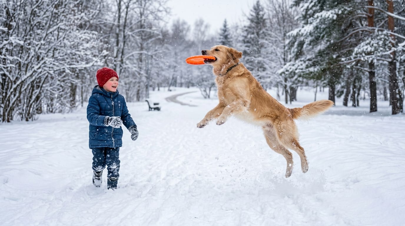 雪の降る公園でゴールデンレトリバーとフリスビーで遊ぶ子供、犬がジャンプしてフリスビーをキャッチする、雪を踏む音と犬の鳴き声