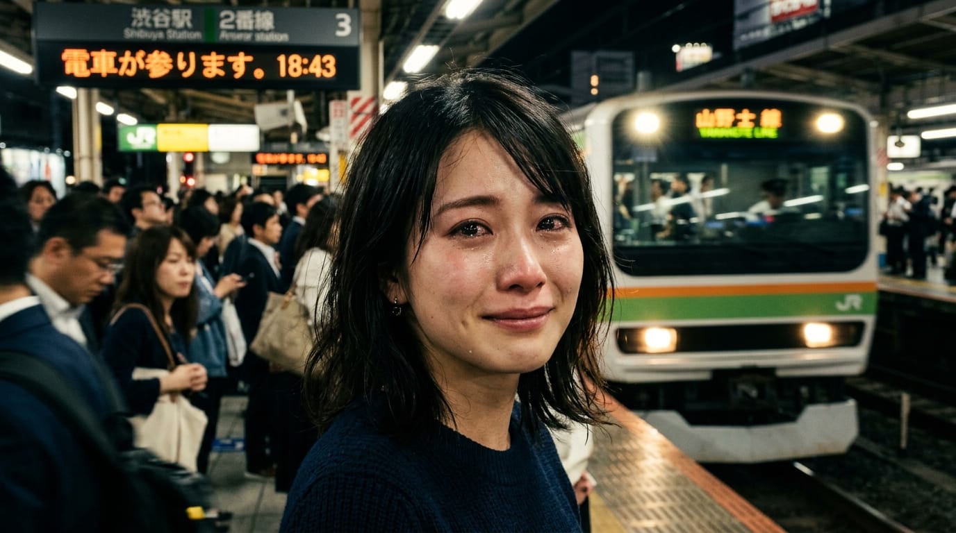 混雑した駅のホームで涙をこらえて微笑む若い女性、列車の到着音と群衆のざわめき、顔へのクローズアップ、シネマティックな照明